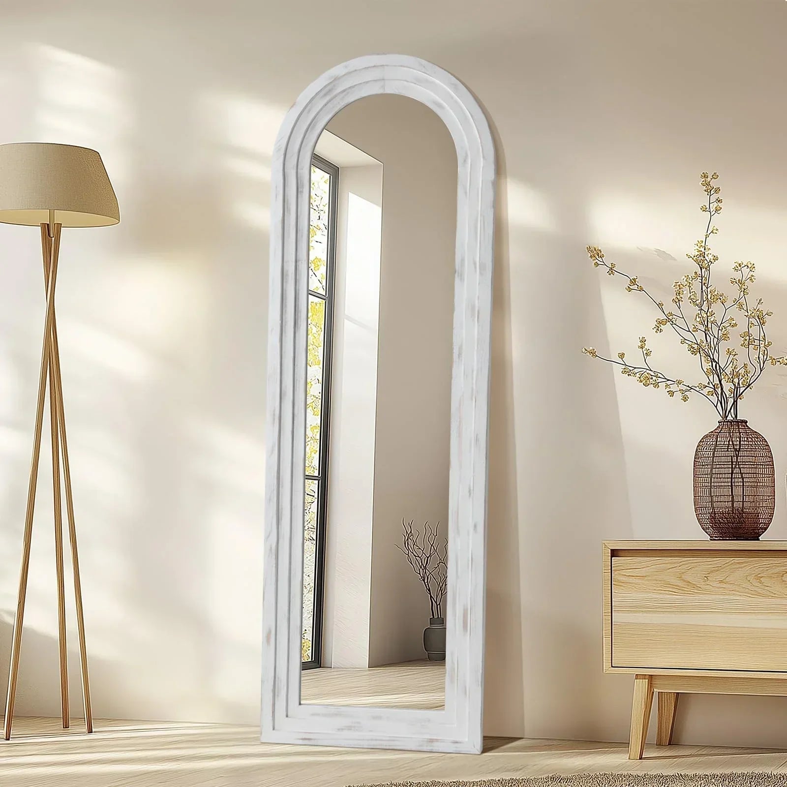 Arched Full Length Mirror with Solid Wood Frame