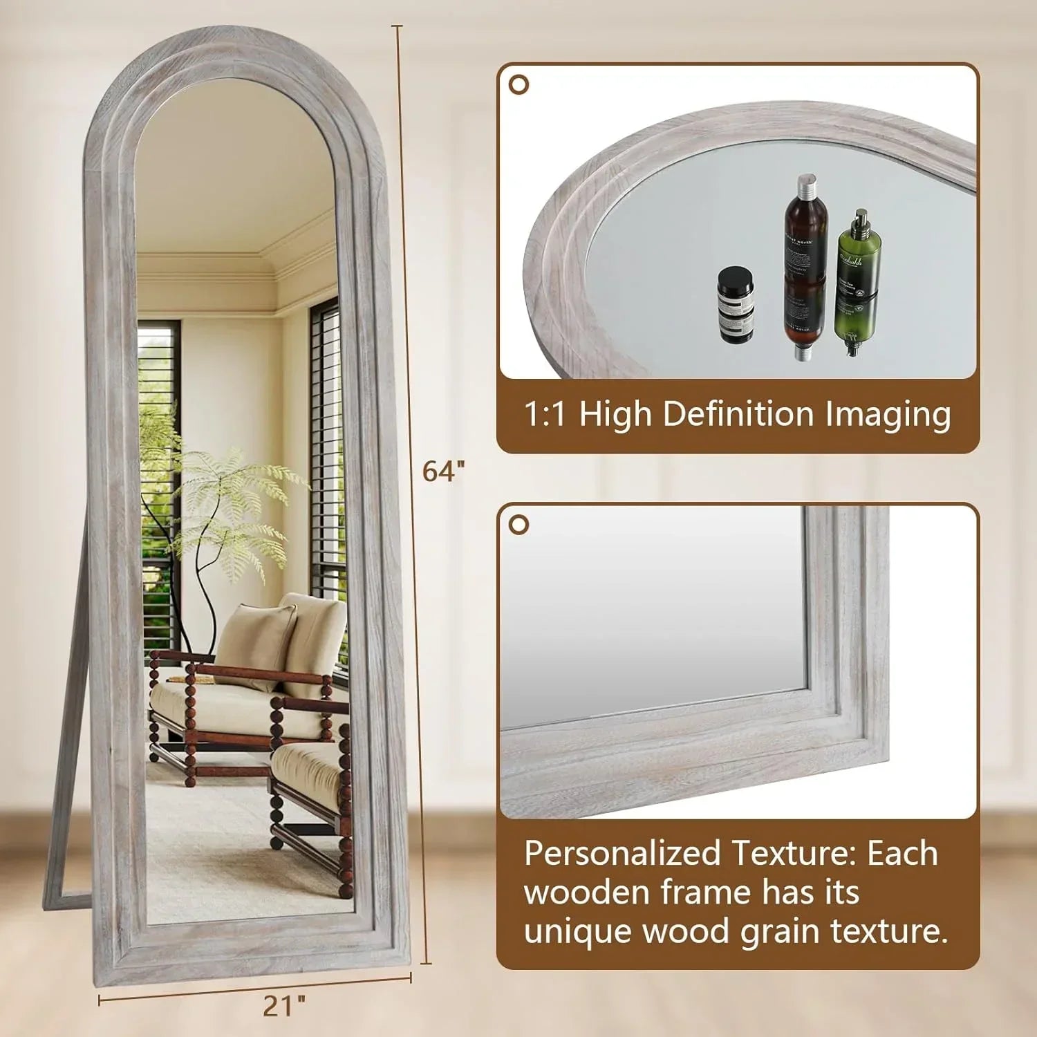 Arched Full Length Mirror with Solid Wood Frame