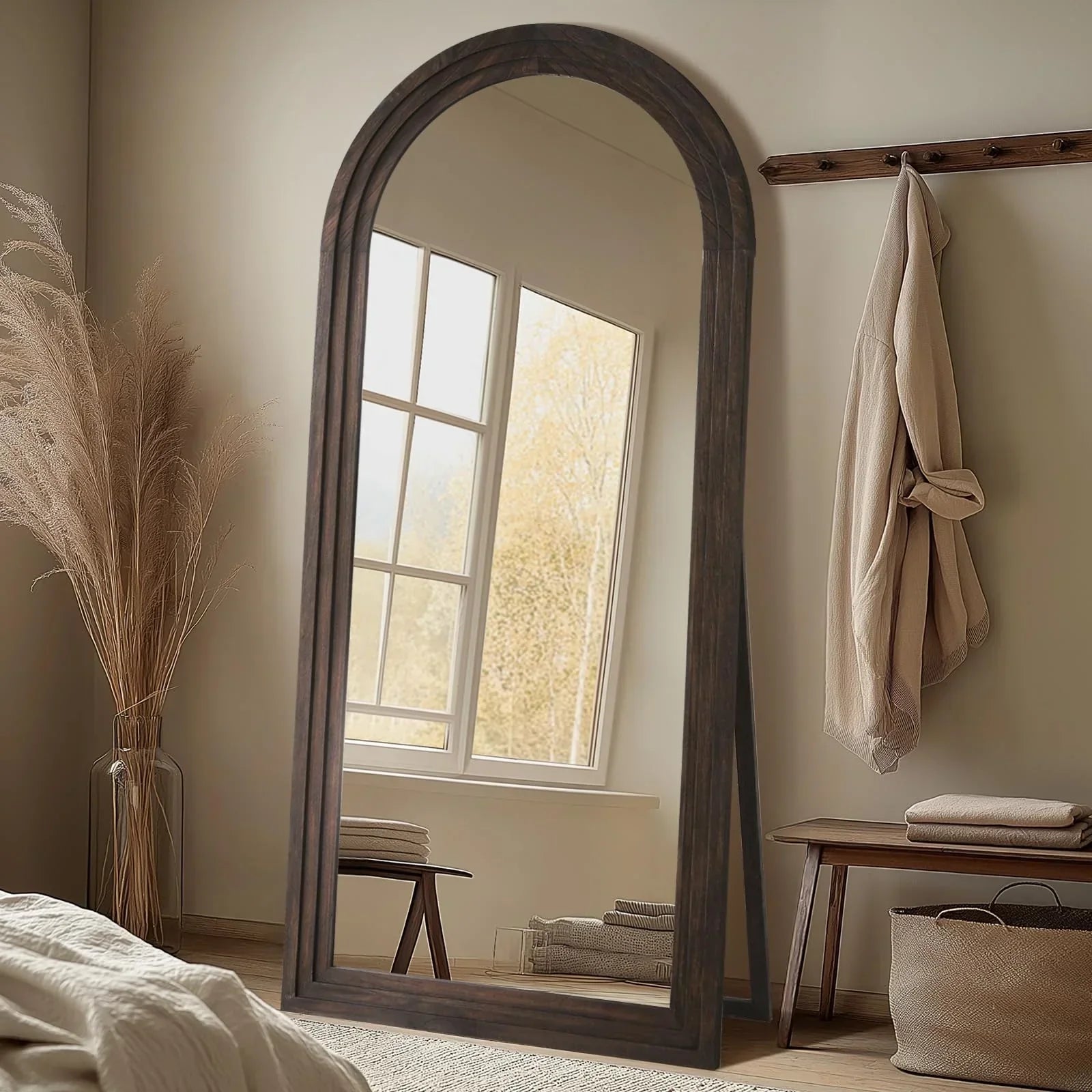Arched Full Length Mirror with Solid Wood Frame