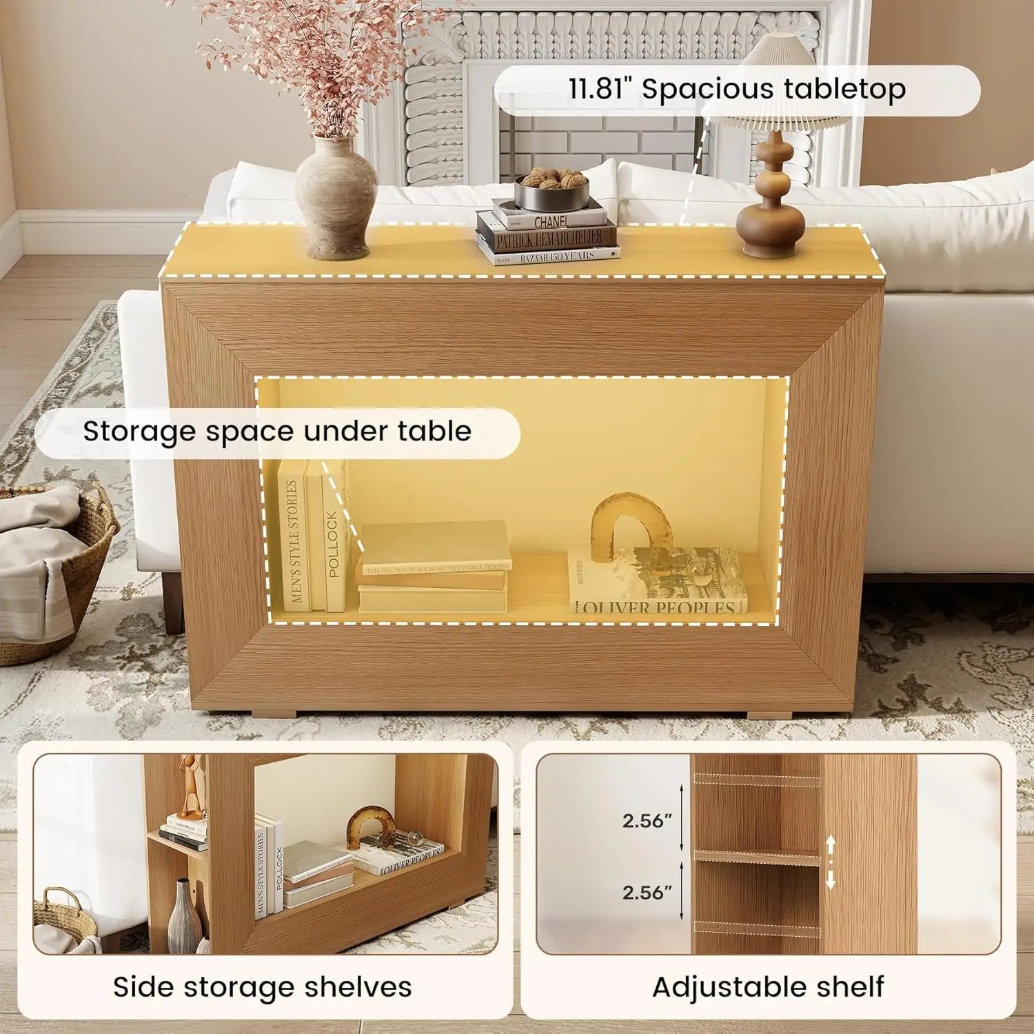 47" Entryway Table with Outlet & LED Light, Farmhouse Narrow Console Sofa Table with Side Storage Shelves,Wooden, Customized