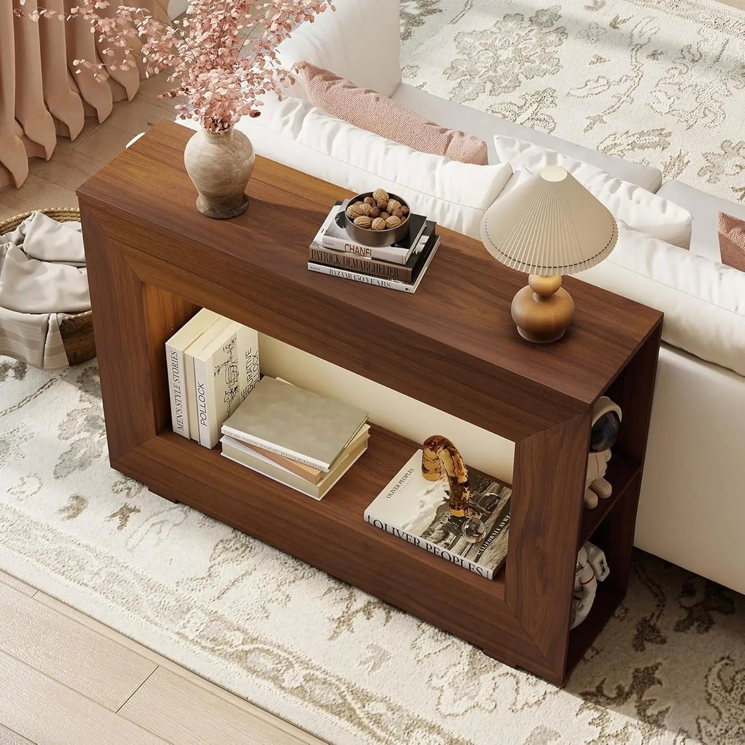 47" Entryway Table with Outlet & LED Light, Farmhouse Narrow Console Sofa Table with Side Storage Shelves,Wooden, Customized