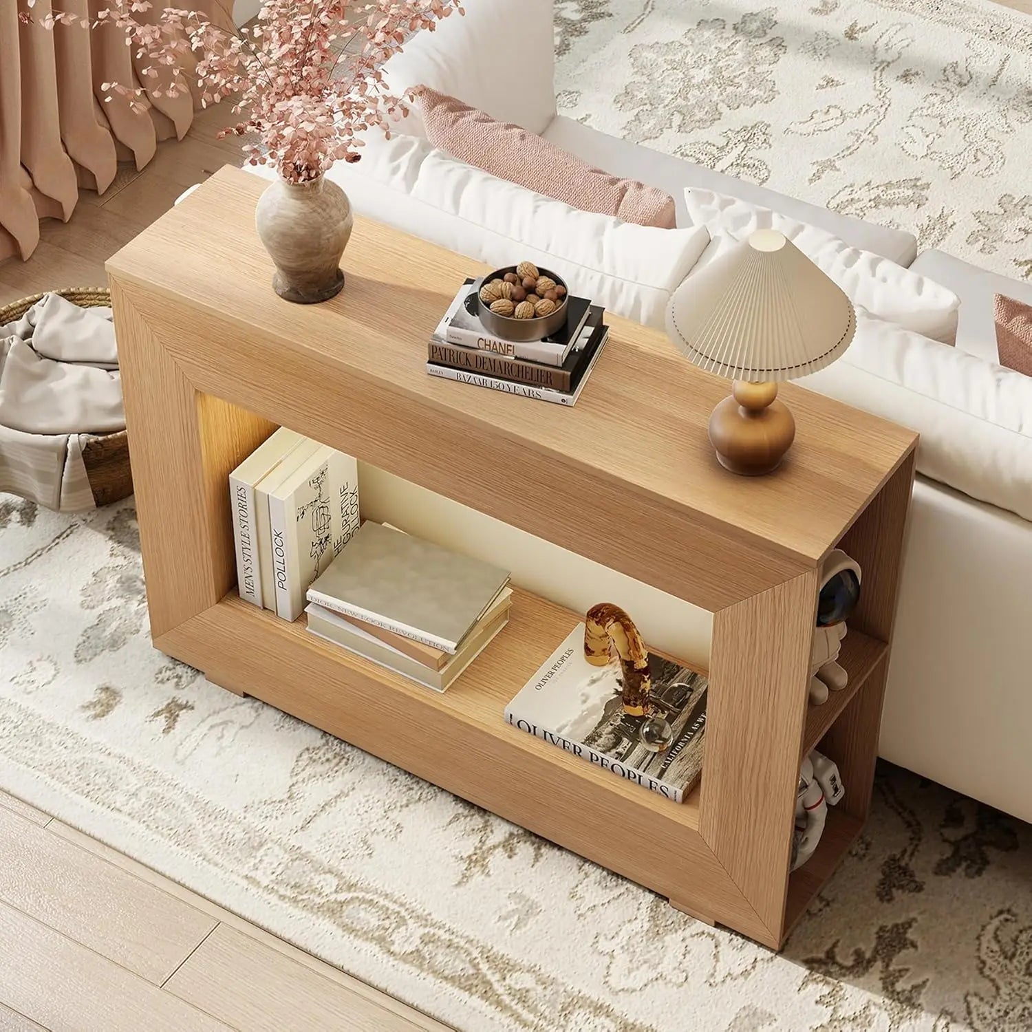 47" Entryway Table with Outlet & LED Light, Farmhouse Narrow Console Sofa Table with Side Storage Shelves,Wooden, Customized