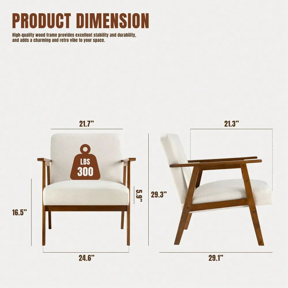 MidCentury Modern Accent Chair With 5.9 Thick Cushioned Seat, Solid Wood Frame Armchair For Living Room And Bedroom