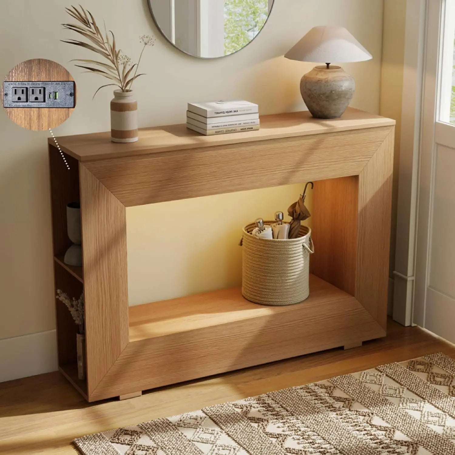 47" Entryway Table with Outlet & LED Light, Farmhouse Narrow Console Sofa Table with Side Storage Shelves,Wooden, Customized