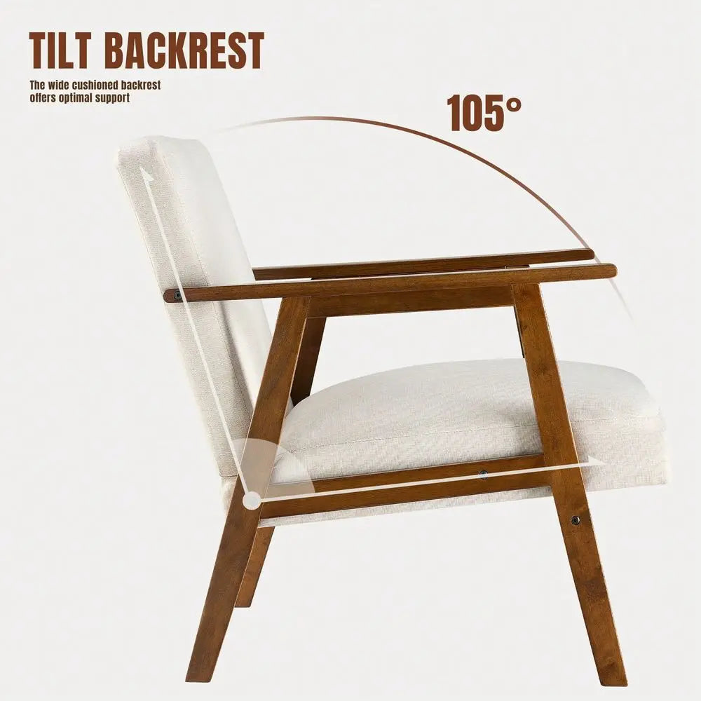 MidCentury Modern Accent Chair With 5.9 Thick Cushioned Seat, Solid Wood Frame Armchair For Living Room And Bedroom