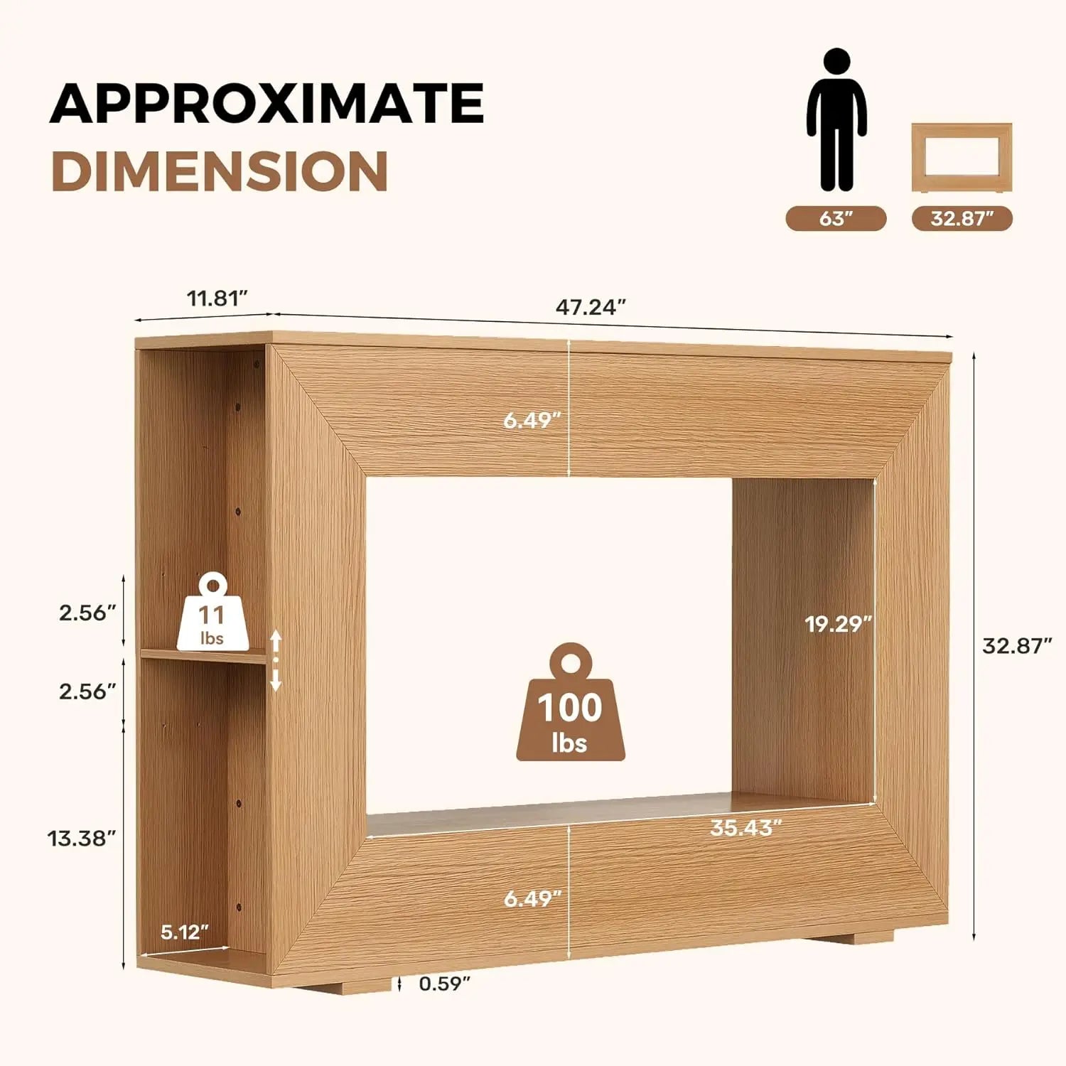 47" Entryway Table with Outlet & LED Light, Farmhouse Narrow Console Sofa Table with Side Storage Shelves,Wooden, Customized